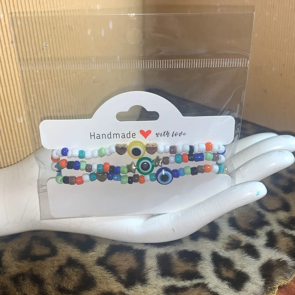 Handmade Glass Beaded Eye Wrap Bracelet - Multicolor 7” - Picture 1 of 4